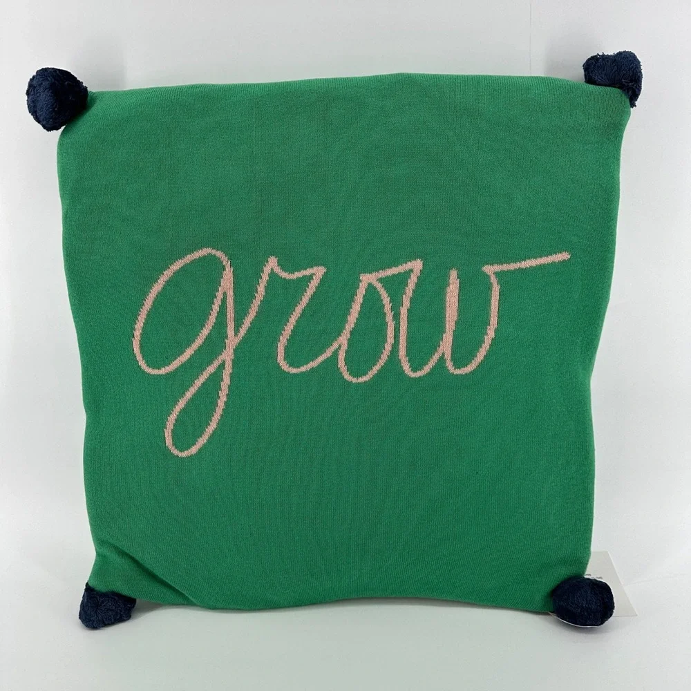 Latter-Day Home Grow Embroidered Throw Pillow Green Pink Script Pom Poms 18x18